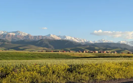 Las montañas del Atlas nevadas sobre los campos cerca de Marrakech