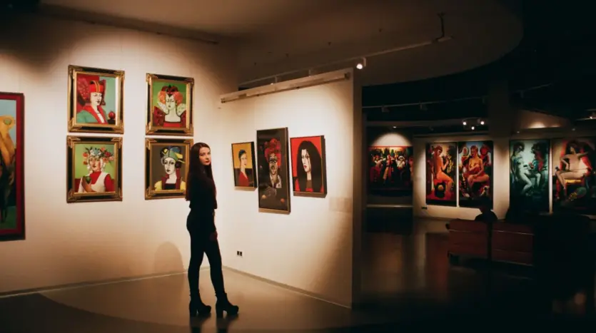 Una mujer contempla cuadros de colores en una exposición de arte contemporáneo